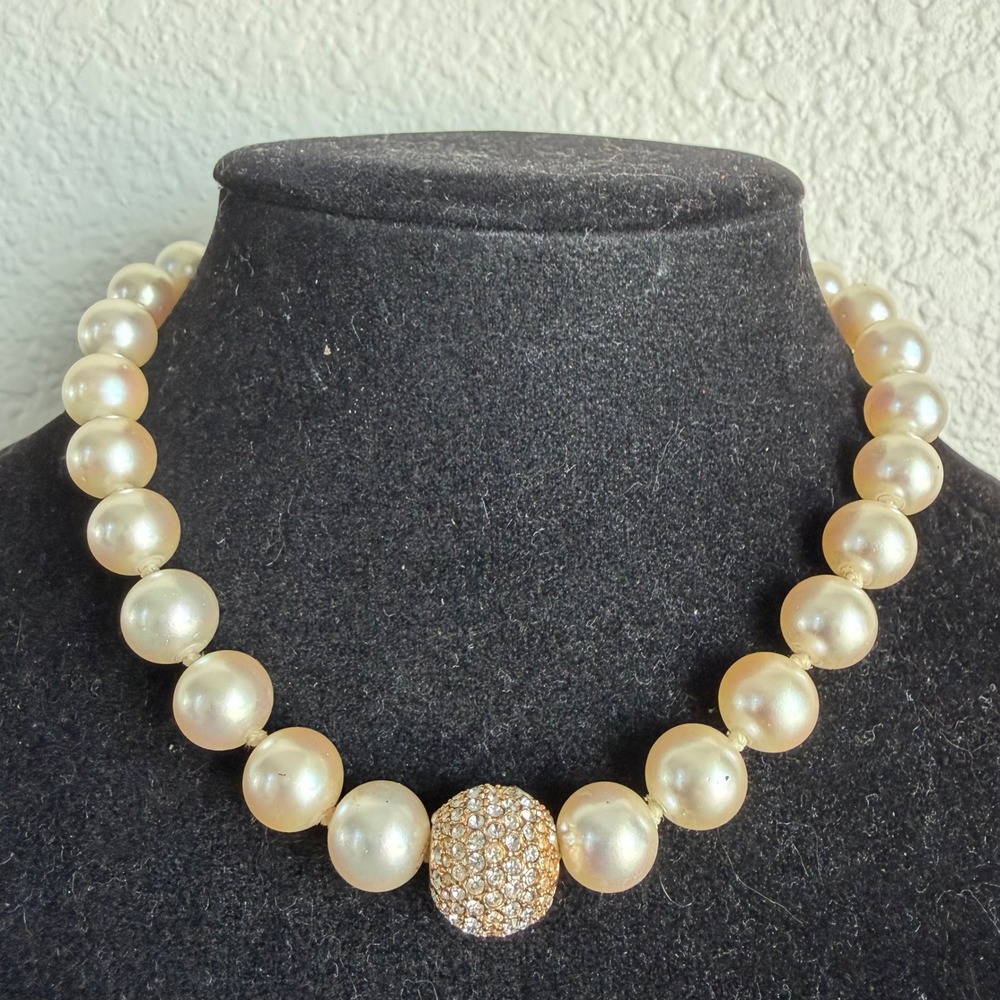 Vintage Faux Pearl Necklace Choker With Rhinestones Ball Pendant Clasp Gold Tone